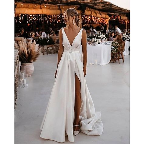 Long Prom Dresses, V Neck Wedding Dress, Casual Beach Wedding Dress, Satin Bridal Gowns, Open Back Wedding Dress, Back Wedding Dress, Wedding Dresses Satin, Casual Wedding Dress, Vestidos Prom