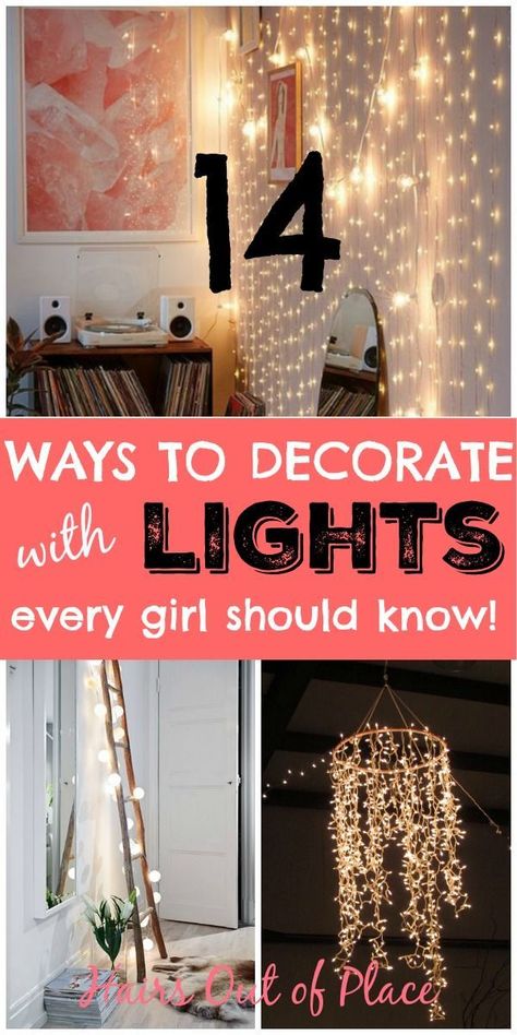 14 ways to decorate with lights in bedroom every girl should know! DIY lights ideas that include hanging lights, wall lights, ladder lights, lights over your bed and more! #lights #dorm #dormroom #bedroomideas #bedroomgoals #bedroomideas #diycrafts Beautiful Bed Designs, Bedroom Lighting Design, Fairy Lights Decor, Deco Led, Diy Lampe, Fairy Lights Bedroom, Hemma Diy, Wall Lights Bedroom, Ideas Hogar