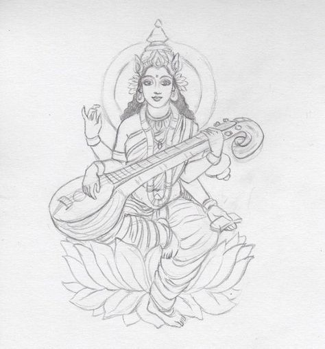 Beautiful Sketch of Mata Saraswati - God Pictures Sarswati Maa Sketch, Saraswati Drawing Art, Maa Saraswati Drawing Sketch, Vishnu Drawing Easy, Saraswati Goddess Drawing, Saraswati Puja Drawing, Vishnu Sketch, Saraswati Drawing Easy, Hindu God Drawing