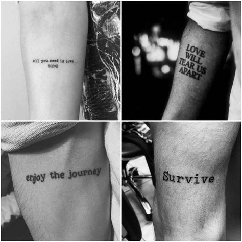 quote tattoos for guys - short quote tattoos for guys - meaningful tattoo quotes Mens Saying Tattoos, Tattoo Text Ideas Men, Text Tattoo Men Arm, Text Tattoo Men, Short Meaningful Quotes Tattoos, Small Tattoos Men, Word Tattoo Placements, Mini Quotes, Interesting Fonts