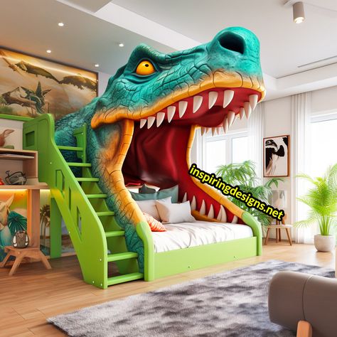 These Giant Dinosaur Shaped Bunk Beds Turn Sleepovers into Dino Adventures – Inspiring Designs Boys Dressers, Airplane Bed, Tree House Bed, Carriage Bed, Cool Beds For Kids, Kids Bed Design, Dinosaur Bedding, Castle Bed, Bear Bed