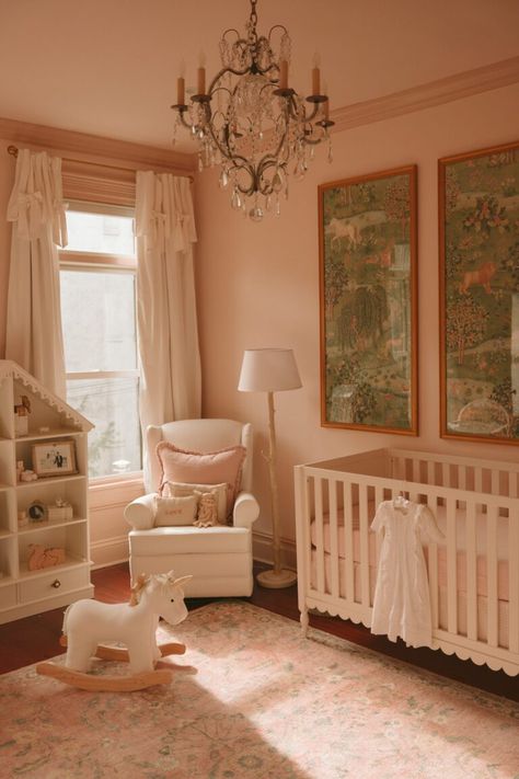 An Enchanted Nursery Design - Jenny Cipoletti Classic Art Nursery, Pink Nursery Vintage, Southern Charm Nursery, Bridgerton Theme Nursery, Muted Floral Nursery, English Country Nursery Ideas, Anthropologie Baby Nursery, Nursery Ideas Southern, Rental Friendly Nursery Ideas