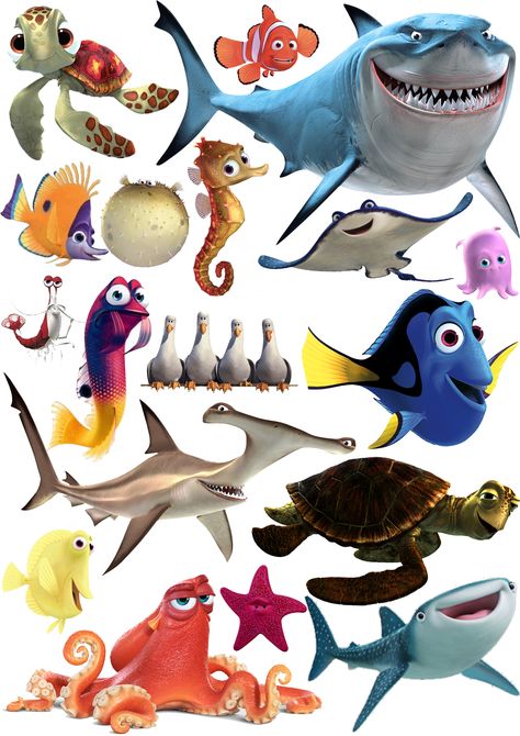 Finding Nemo Printables Free, Finding Nemo Characters Printables, Nemo Drawings, Cartoon Ocean Animals, Pearl Finding Nemo, Nemo Characters, Peppa Pig Party Favors, Dory Characters, Finding Nemo Characters