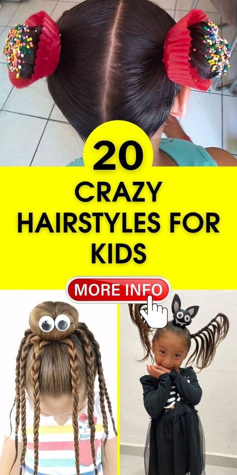 Introduce a touch of whimsy to your child's hair day with our crazy hairstyles for kids. These easy and funky hairdos, including charming buns, are perfect for adding fun to any hair day at school. Crazy Hairstyles For Kids, Playful Hairstyles, Easy Crazy Hairstyles, Hair Dos For Kids, Crazy Hair Day Girls, Whacky Hair Day, Crazy Hair Day Boy, Crazy Hair For Kids, Crazy Hairstyles