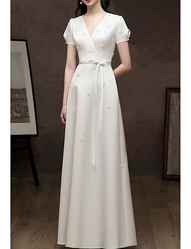 Floor Length Formal Dresses, Simple Dresses Satin, Ribbon Sleeves Dress, Korean Satin Dress, A Line Dress Outfit, Short Sleeve Dress Formal, Formal Dress Sleeves, White Formal Outfit, Korean Evening Dress