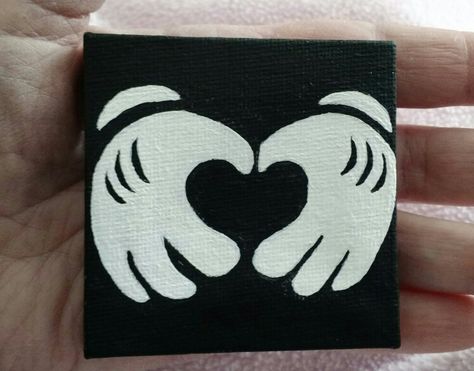 My tiny 2" wood framed canvas acrylic painted picture of Mickey Mouse's hands, forming a heart. i finished it today :-) Mickey Canvas Painting, Mickey And Minnie Canvas Painting, Painting On Tiny Canvas, Mickey Mouse Painting Easy, Minnie Mouse Canvas Painting, Disney Canvas Art Easy, Mickey Mouse Canvas Painting, Disney Paintings Easy, Mickey Painting