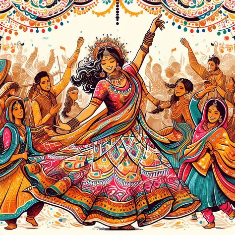 Create a vibrant and lively vector illustration capturing the essence of Navratri celebrations, with a focus on people joyfully dancing the traditional garba dance in traditional attire. Showcase the energy and colors of this cultural festival, with intricate patterns, lively music, and a sense of unity among the participants. Your illustration should convey the spirit and enthusiasm of Navratri while highlighting the beauty of the garba dance." Drawing On Indian Culture, All Indian Festivals Drawing, Festival Of India Painting, Garba Illustrations, Indian Music Illustration, Indian Illustration Traditional, India Culture Drawings, Culture Of India Art, Indian Dance Illustration