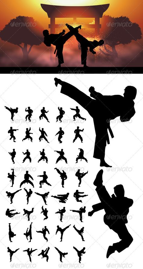 Taekwondo and Karate Silhouettes #GraphicRiver Nice and High Detail vector. In this files include AI and EPS versions. You can open it with Adobe Illustrator CS and other vector supporting applications. I hope you like my design, thanks visit my silhouettes collection graphicriver /collections/3119286-silhouettes Created: 4January13 GraphicsFilesIncluded: VectorEPS #AIIllustrator Layered: No MinimumAdobeCSVersion: CS Tags: TaeKwonDo #action #background #clip #effect #fight #fist #japan #karate # Sports, Art, Taekwondo, Karate