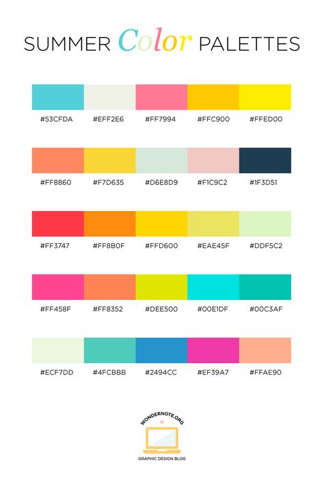 Need color inspiration? Check out these Color Palettes for Web, Digital, Blog & Graphic Design with Hexadecimal Codes by Wondernote. These summer color palettes invoke warmth, sunshine, and fun. They will inspire your next design -- whether it's a blog layout, branding, interior decorating, or greeting card design. I've hand-selected 5 unique colors that play well together and look great. May Color Palette Hex Codes, Microsoft Color Palette, Summer Hex Codes, Color Palette Playful, Bright Summer Palette, Bright Color Hex Codes, Code สี Goodnote, Goodnote Color Code, Five Color Palette