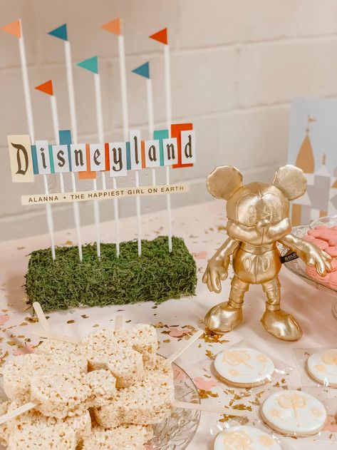 Vintage Disneyland Birthday Party — Means of Lines Disney Party Treats, Vintage Disneyland Invitation, Disneyland Castle Backdrop, Disney Party Theme Decorations, Vintage Disney Party Ideas, Disneyland Table Centerpiece, Disneyland Vintage Party, Vintage Disney Birthday Cake, Vintage Disney Decor