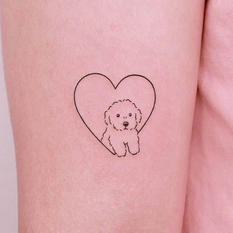 Dog Tattoo Placement For Women, Delicate Animal Tattoo, Dog Tattoo Poodle, Dogs Tattoo Minimalist, Puppy Memorial Tattoo, Puppy Tattoo Small, Maltese Tattoo Ideas, Poodle Tattoos Small, Small Kawaii Tattoo