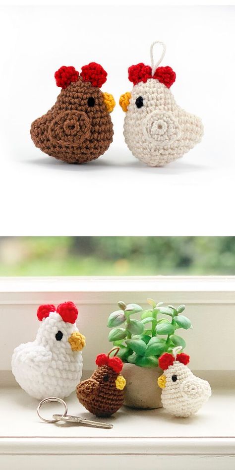 Chicken Keychain Crochet, Crochet Chicken Keychain Pattern, No Sew Crochet Keychain Patterns, Crochet Fall Keychains, Mini Chicken Crochet Pattern Free, Crochet Chicken Keychain, Mini Crochet Projects Free Pattern, Easy Mini Crochet Projects, Crochet Pattern Template