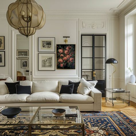 French style living room with midcentury furniture and lighting, eclectic decor, original art on the wall French Studio Apartment, French Apartment Aesthetic, Parisian Eclectic, Parisian Apartment Aesthetic, Parisian Style Living Room, Parisian Apartment Interior, Parisian Style Interior Design, Amsterdam Living, Parisian Style Interior