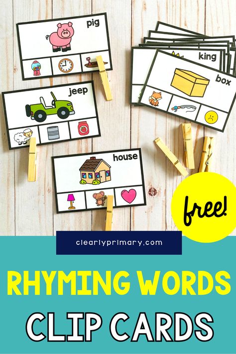 Small Group Activities Kindergarten, Rhyming Activities Kindergarten, Rhyming Picture Cards, Rhyming Clip Cards, Rhyming Activities Preschool, Small Group Activities Preschool, Rhyming Kindergarten, Rhyming Words Activities, Preschool Literacy Centers