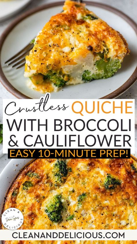 Crustless Quiche with broccoli and cauliflower is an easy, healthy recipe that is loaded with steamed veggies and high in protein, thanks to a combination of eggs, egg whites, and Greek yogurt. It bakes in the oven for 45 minutes and can be served hot, cold, or at room temperature. Add this recipe to your weekend meal prep and have a healthy breakfast, lunch, or dinner ready to go for a busy week. | @danispies Quiche With Broccoli, Broccoli Cauliflower Bake, Egg Recipes For Lunch, Broccoli Cauliflower Recipes, Crustless Broccoli Quiche, Broccoli Quiche Recipes, Quiche Recipes Healthy, Quiche Recipes Crustless, Healthy Quiche
