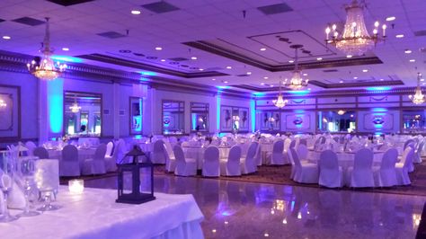 Our Gold Ballroom with Blue Uplighting! Quince Ballroom, Blue Ballroom, Blue Uplighting, Gold Ballroom, Debut Planning, Purple Sweet 16, Quince Decor, Purple Quince, Ballroom Wedding Reception