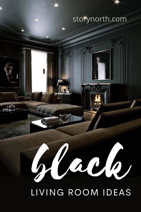 All Black Living Room, All Black Room, Black Walls Living Room, Dark Moody Living Room, White Modern Furniture, Moody Living Room, Black Living, Black Furniture Living Room, Black Feature Wall