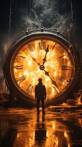 A man standing in front of a large clock | Premium Photo #Freepik #photo #time #clock #time-clock #night Clock Asthetic Picture, Time Photography Clock, Time Wallpaper Clock, Warped Clock, Clock Pictures, Time Is Gold, Famous Drawing, Clock Background, Dark Clock