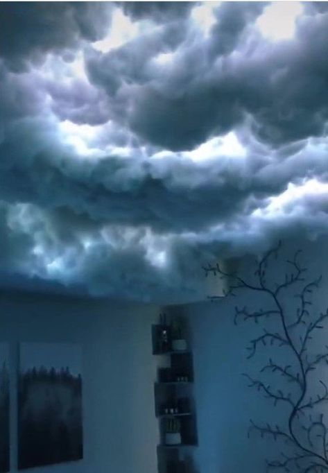 Man Makes 3D Thunder Cloud Ceiling That Flashes Like Lightning Diy Clouds Ceiling, Thunder And Lighting, Cloud Bedroom, Lightning Cloud, Cloud Ceiling, 3d Clouds, False Ceiling Bedroom, Diy Clouds, Ceiling Murals