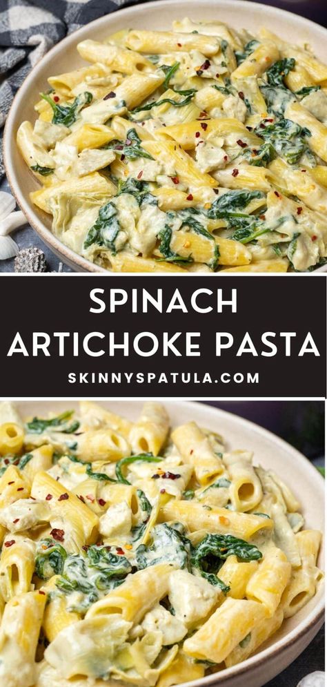 Healthy Spinach Artichoke Recipes, Spinach Artichoke Spaghetti, Easy Meals Kids Will Eat, Chicken Artichoke Pasta Recipes, Pesto Artichoke Pasta, Healthy Artichoke Recipes, Fast Vegetarian Recipes, No Meat Recipes, Spinach Artichoke Dip Pasta