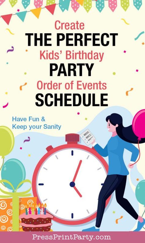 PERFECT KIDS BIRTHDAY PARTY SCHEDULE - Create the perfect timeline for the day of your event. Write down the best order of events for your kid's birthday party. Have fun and keep your sanity. Part of my party planning posts, comes with a checklist and a free printable template. Lots of ideas and tips that work for any theme. Great guide on how to plan your party the day of. Go check out Press Print Party for lots more party tips and the ULTIMATE BIRTHDAY PARTY PLANNER & workbook. 1st Birthday Timeline, 4th Birthday Activities, Kids Birthday Party Checklist, Birthday Party Schedule, Three Birthday Cake, Birthday Timeline, Birthday Party Planner Printable, Party Planning Timeline, Kids Birthday Party Planner