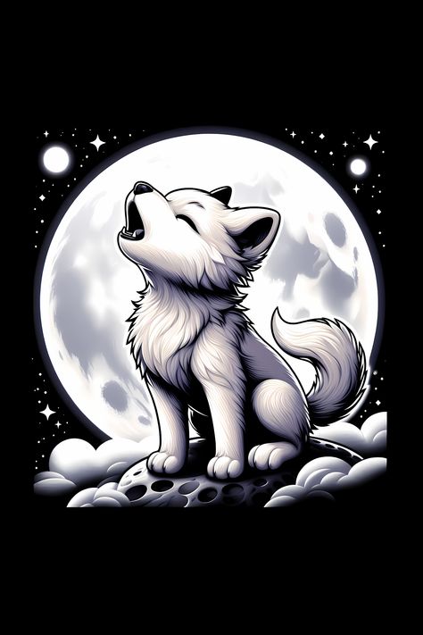 Cute White Wolf Howling On The Moon T-Shirt Cute Wolf Pictures, Wolf Images Spirit Animal, Wolf Drawings Easy, Cute Wolf Art, Elemental Wolf, White Wolf Art, Cute Animal Wallpapers, Animals At Night, Kawaii Wolf