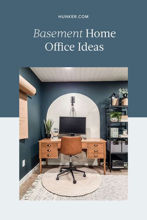 Whether you're working from home indefinitely or you just need a place to focus on personal projects, here are six home office ideas that will change the way you look at your basement. #hunkerhome #homeofficeideas #basementhomeoffice #homeoffice Basement Office Inspiration, Basement Home Offices, Home Office For Clients, Home Office Man Cave Ideas, Home Office Ideas Basement, Home Office In Basement Ideas, Basement Office Remodel, Diy Basement Office, Basement Office Design Ideas