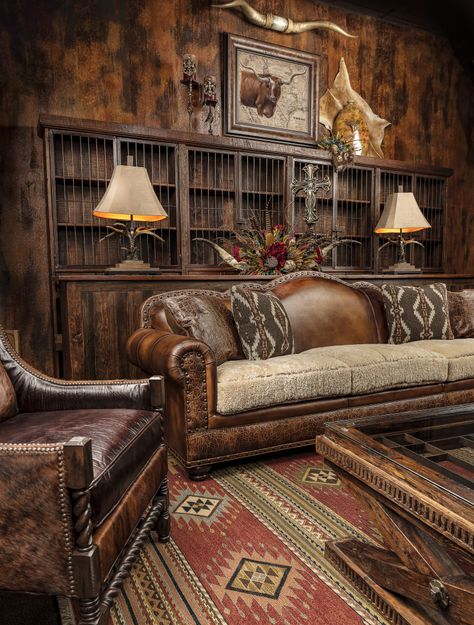 Texas Lodge Interior, Ralph Lauren Western Decor, Lodge Furniture Ideas, Yellowstone Style Home Decor, Old West Interior, Hacienda Style Decor Living Room, Western Home Furniture, Western Style Furniture, Yellowstone Living Room Decor