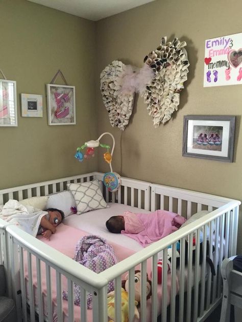 Putting two cribs together is such a great idea!! Love this! Nursery In Parents Room Ideas, Triplets Nursery, Twin Cribs, طفلة حديثة الولادة, Crib Design, Nursery Twins, Baby Life Hacks, Budget Bedroom, Babies R Us