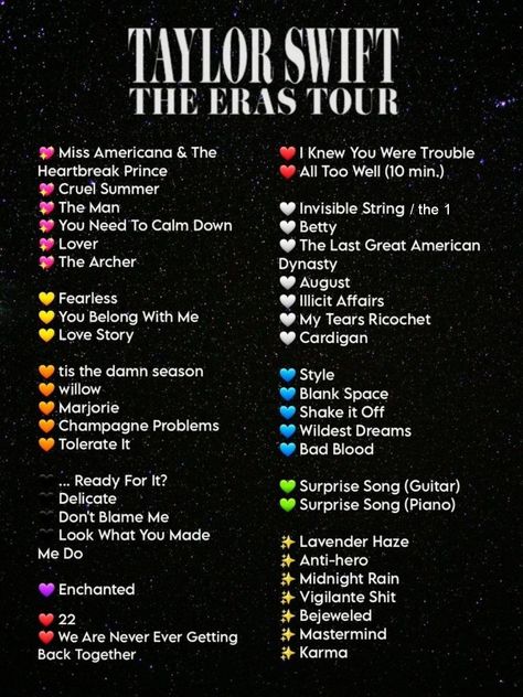 Eras Tour Tracklist, Taylor Swift Concert Outfit Ideas Fans Reputation, Taylor Swift Set List Eras, Taylor Swift Surprise Songs Eras Tour List, Eras Tour Watch Party Ideas, Taylor Swift Eras Tour Set List, Eras Tour Song List, Taylor Swift Inspired Cat Names, Eras Tour Outfits Reputation Ideas