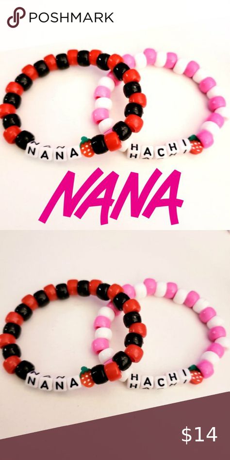 Nana Osaki and Hachi Anime Word Beaded Kandi Bracelet Set With Strawberry Beads Nana Beaded Bracelet, Nana And Hachi Matching Bracelets, Nana Matching Bracelets, Nana And Hachi Bracelet, Kandi Word Ideas, Anime Bracelet Ideas, Anime Bead Bracelet, Matching Kandi Bracelets, Anime Bracelet