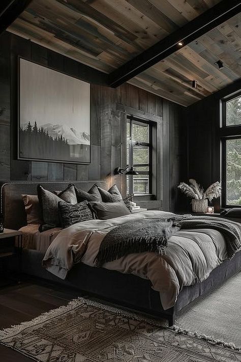 20+ Moody Bedroom Ideas for Restful Sleep - Quiet Minimal Bedrooms Dark Aesthetic, Dark Grey Master Bedrooms Decor, Dark And Moody Decor, Young Men Room Ideas Bedrooms, Men’s Room Aesthetic, Dark Grey Bedroom Ideas, Moody Mansion, Colorado Bedroom, Dark Modern Bedroom