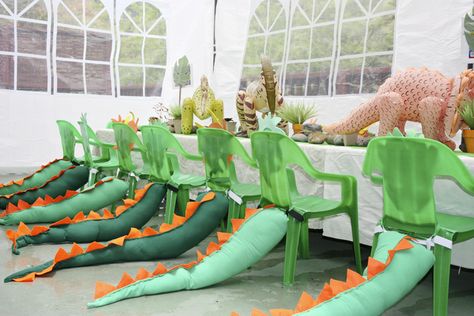 Chairs with tails at a Dinosaur Party #dinosaur #partytable Dinosaur Birthday Party Ideas, Party Chairs, Dino Birthday Party, Dinosaur Theme Party, Dragon Birthday, Dino Birthday, Festa Party, Dino Party, Birthday Planning