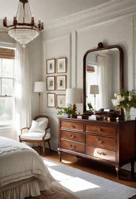 How to Decorate the Top of a Dresser. Dresser decorating ideas. Nancy Meyers aesthetic. white bedroom decorating ideas. stained wood dresser. chandelier in bedroom. How To Decorate Dresser Top, Decorate Dresser Top, How To Decorate A Dresser Top, How To Decorate Dresser, Decorating A Dresser Top, How To Decorate A Dresser, Dresser Styling, Decorative Spheres, Dresser Top