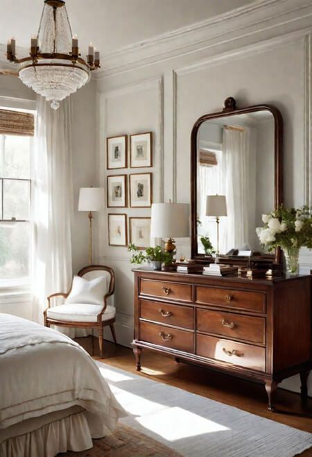 How to Decorate the Top of a Dresser. Dresser decorating ideas. Nancy Meyers aesthetic. white bedroom decorating ideas. stained wood dresser. chandelier in bedroom. Dressers In Bedrooms, Classic Romantic Home Decor, Bedroom Dresser Wall Ideas, Home Details Decor Ideas, Home Beauty Room Ideas, White And Off White Bedroom, Primary Bedroom White Walls, Nancy Meyers House Aesthetic, Styling A Bedroom Dresser Top