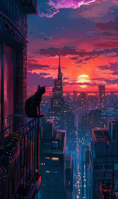 City At Night Background, Anime Night City Aesthetic Wallpaper, Anime City Background Night, Pixel City Wallpaper, Drawing Senary, Anime City Aesthetic, City At Night Wallpaper, Digital Art Scenery, Cat And Sunset