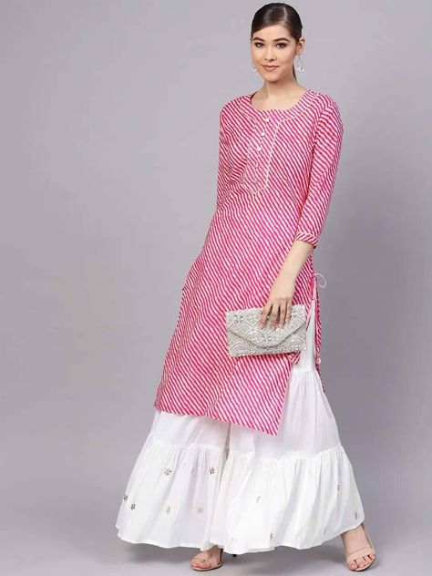 Pink & White Striped Kurta with Sharara Online - RiaFashions - www.riafashions.com White Sharara Suit, Palazzo Indian, White Sharara, Striped Kurta, Kurta With Sharara, Palazzo With Kurti, Ethnic Kurti, Pink Designs, Kurta Sharara Set