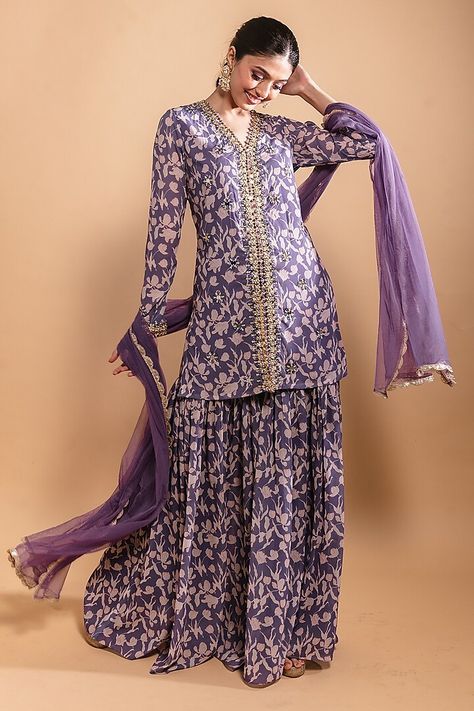 Purple Floral Printed Sharara Set Design by Ria Shah Label at Pernia's Pop Up Shop 2023 Couture, Haute Couture, Printed Sharara, Georgette Kurta, Embroidered Sharara, Sharara Pants, Kurta Sharara, Pakistani Fancy Dresses