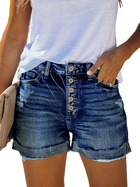 High Waisted Ripped Jeans, Casual Denim Shorts, High Waisted Distressed Jeans, Summer Shorts Denim, Outfits Mit Shorts, Shorts For Summer, Hot Short, Ripped Jean Shorts, Ripped Denim Shorts