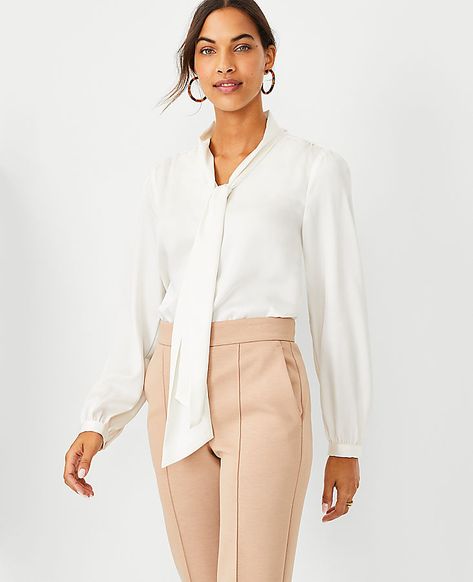 Tie Neck Top by Ann Taylor Size regular - XL Winter White Women's V, Neck, Blouse, Tops, 100%, Polyester, Machine, Washable Petite Fashion, Tie Neck Top, Ann Taylor Petite, Knitted Suit, Tie Neck Tops, Tie Neck Blouse, Blouse Tops, Work Wear Women, Work Outfits Women