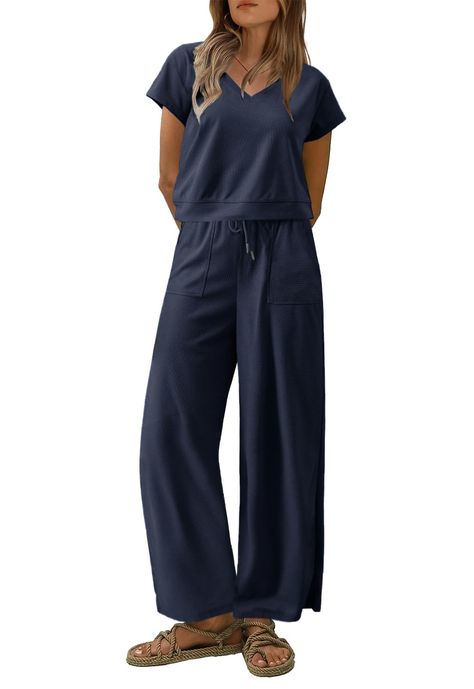 PRICES MAY VARY. 【Feature】:2 piece outfits for women/lounge sets for women/vacation outfits for women/2 piece sets for women/short sleeve v neck top/wide leg high waist pants/travel outfits.The 2 piece outfits for women is waffle knit style,solid color is simple but classic,it won;t go out of fashion. 【Design】：The loungewear for women is loose fit,short sleeve v neck top,long wide leg pants with two pockets.The pants have a adjustable drawstring and elastic waist,so you don;t have to worry about Fall Athleisure Outfits, Women Vacation Outfits, Vacation Outfits For Women, Clothes For Petite Women, Athleisure Outfits Fall, Womens 2 Piece Outfits, Fall Athleisure, Women Vacation, Summer Pieces