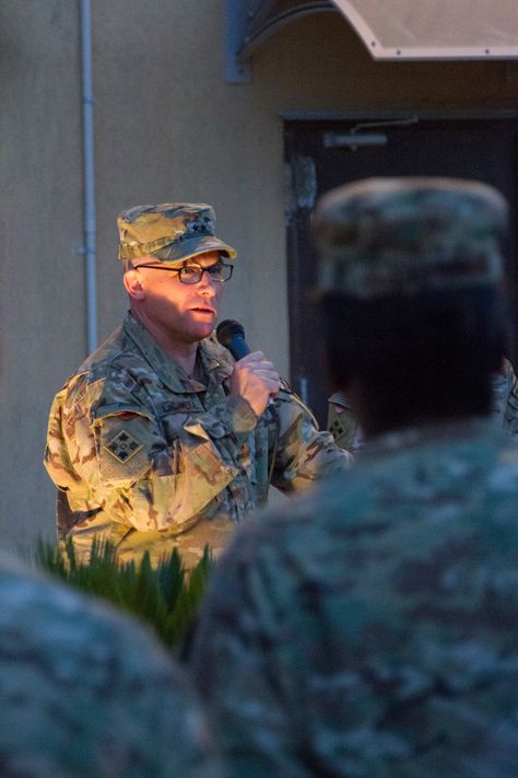 Maj. Gen. Paul J. LaCamera, commanding general, Regional Command (South) and 4th Infantry Division, speaks to servicemembers and civilians in front of the RC(S) headquarters June 6, 2014. The speech was part of a ceremony remembering the sacrifices of 4th Inf. Div. Soldiers and others who assaulted the beaches of Normandy 70 years ago on their way to liberating France and the rest of Europe (U.S. Army photo by Sgt. 1st Class Brock Jones). Paul Lacamera Pictures, Paul Lacamera, Beaches Of Normandy, 4th Infantry Division, Army Photo, Normandy Beach, Mark Harmon, Major General, Military Pictures