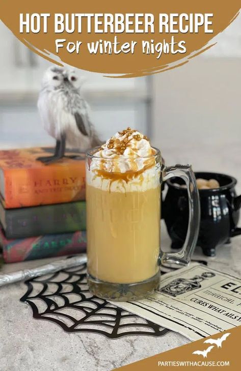 This easy hot butterbeer recipe is nonalcoholic and delicious for a Harry Potter party or chilly night! If you are looking for more Hogwarts Food and Harry Potter food ideas check out PartiesWithACause.com #hotbutterbeer #easybutterbeerrecipe #harrypotter Essen, Butterbeer Recipe Nonalcoholic, Warm Butterbeer Recipe, Hogwarts Night, Butterbeer Recipe Alcoholic, Hogwarts Food, Hot Butterbeer Recipe, Easy Butterbeer Recipe, Harry Potter Food Ideas