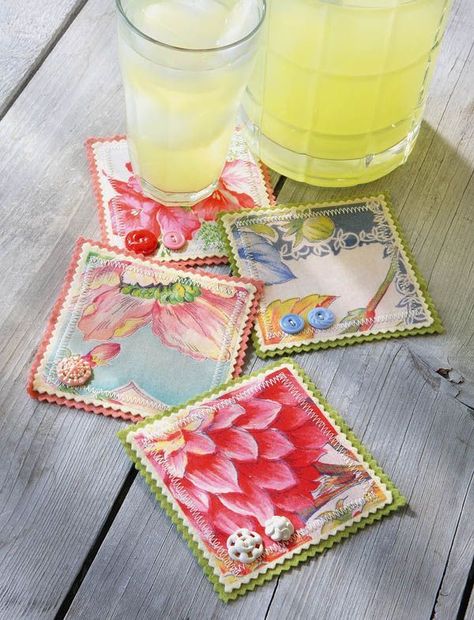 Hankie Coasters - Crafts 'n things   (interesting concept would work with any fabric, like blue delft china patterned fabric to match dishes) Vintage Handkerchiefs Crafts, Handkerchief Crafts, Blue Delft, Coaster Crafts, How To Make Coasters, Patterned Fabric, Vintage Handkerchiefs, Couture Vintage, Creation Couture