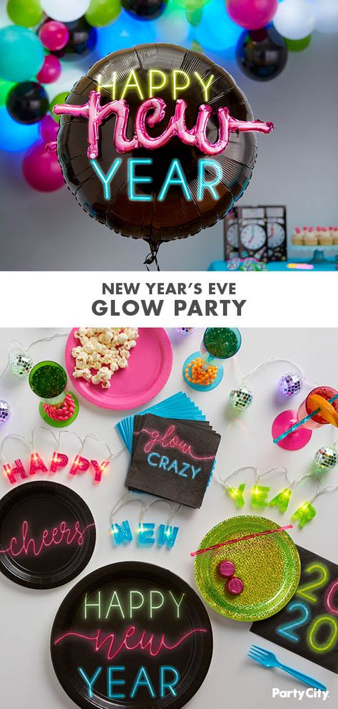 Colorful New Years Eve Party Decorations, New Years Theme Birthday Party, Nye Glow Party, 90s New Years Eve Party, New Year Eve Theme Party Ideas, New Years Party Ideas Themes, Glow New Years Eve Party, Glow In The Dark New Years Party, New Years Themed Party