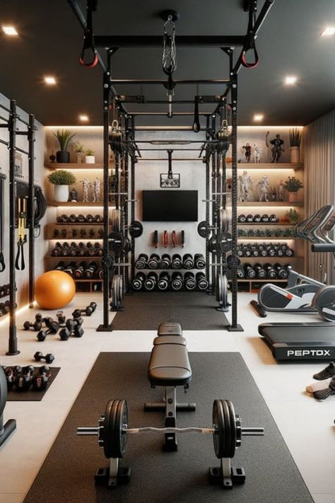 Home gyms don't need to be bleak. Workout equipment that’s been relegated to your basement or tucked into a garage corner can still look really good—with the help of a little paint, wallpaper, good lighting, and a few plants, you can totally transform the space you break a sweat in. Home Gym Interior Design Nails Moody Farmhouse Modern Farmhouse Rutic Decor Home Inspo Yoga Trends Yoga Poses Fitness Studio Ideas Fitness Inspo Nail Ideas Mini Gym At Home, Small Home Gym Ideas, Home Gym Ideas, Home Gym Basement, Small Home Gym, Dream Home Gym, House Gym, Home Gym Garage, Gym Setup