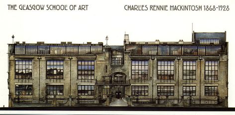 Glasgow School Of Art, Scotland (1909) - Charles Rennie Mackintosh / Painting by Dugal Cameron - Postcard Architectural Presentation, Mackintosh Architecture, House For An Art Lover, Glasgow Art, Glasgow Style, Symbolic Art, Architectural Art, Interior Design Courses, William Morris Art