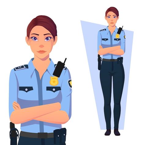 Policewoman with arms folded, wearing bl... | Premium Vector #Freepik #vector #police-cartoon #police-uniform #police-officer #police Police Uniform Drawing, Police Drawing, Girls Cartoon Face, Police Department Office, Police Cartoon, Security Uniforms, رسم كاريكاتير, Police Outfit, Winter Costume