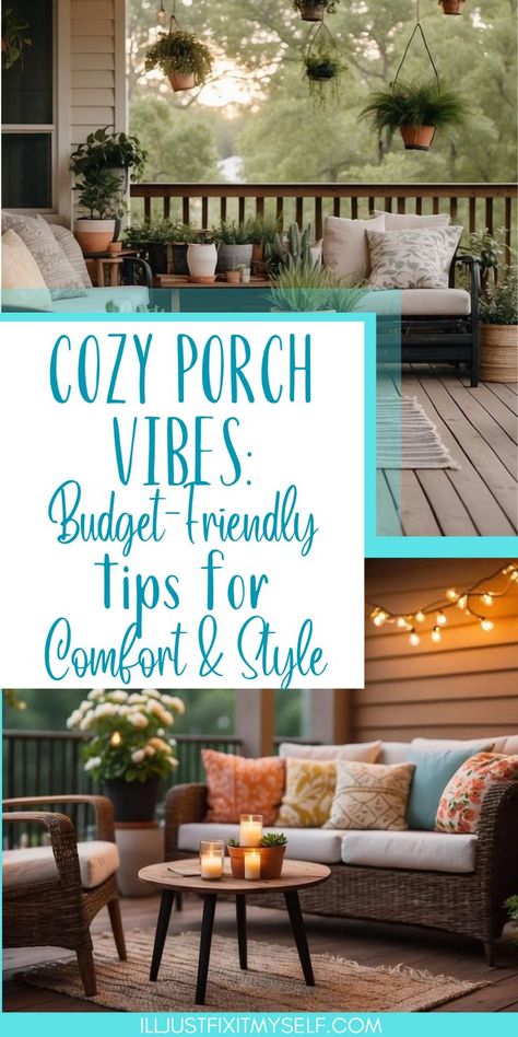 Cozy porch with string lights and potted plants Small Patio Sitting Area Ideas, Cottage Screened In Porch Ideas, Simple Backyard Porch Ideas, Relaxing Front Porch Ideas, Back Porch Sitting Area, Front Porch Cozy Ideas, Small Back Porch Decor, Small Cottage Porch Ideas, Back Deck Styling