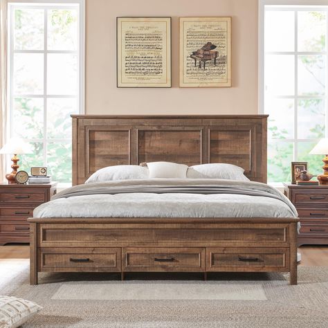 PRICES MAY VARY. Exquisite Farmhouse Character: Elevate your bedroom with this rustic-inspired king size wood panel bed frame, designed with small crown molding and artistic window framed accent, A weathered antique white finish offers a natural wood grain that matches many color palettes and decor, invoking the feel of a quaint and casual cottage escape. 52" Luxury Full-Panel Tall Headboard: This Rustic Wood king size bed frame is specially designed to provide the best comfort after a long day. Brown Wood Bed Frame, Bedframe With Storage, Wooden Panel Bed, King Size Bed Master Bedrooms, Wooden Queen Bed Frame, Diy King Bed Frame, Making A Bed Frame, Walnut Bed Frame, Wood Panel Bed